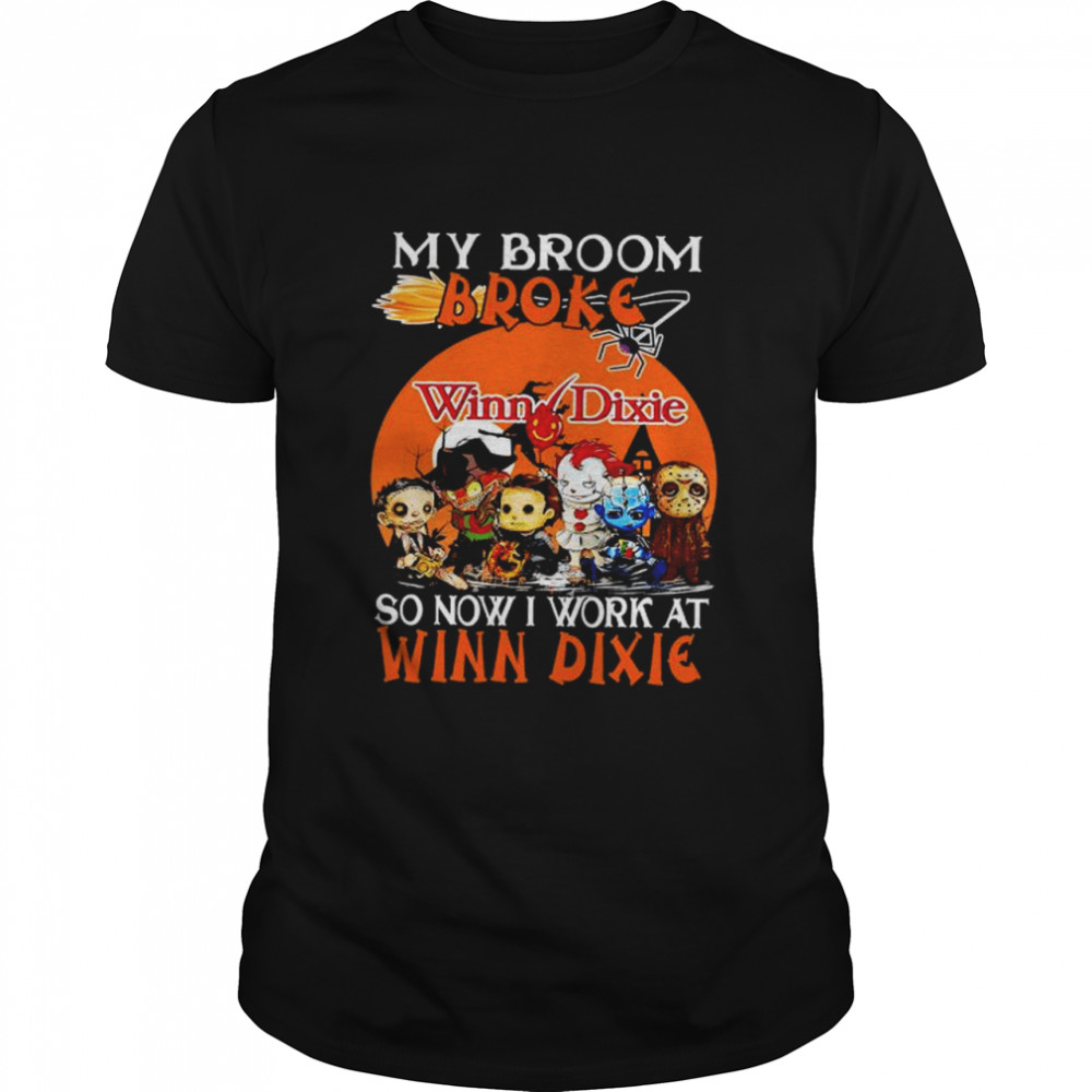 Chibi Horror characters my broom broke so now I work at Winn Dixie Halloween shirt