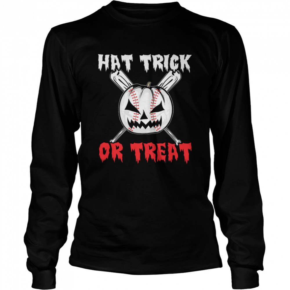 Hat Trick Or Treat Baseball Pumpkin Halloween T- Long Sleeved T-shirt