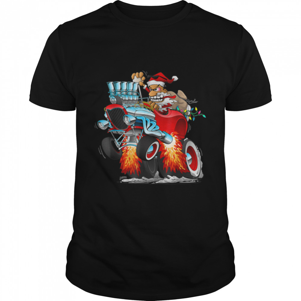 Funny Hot Rod Santa Claus Christmas Holiday Car T-Shirt B09JT5VM5K
