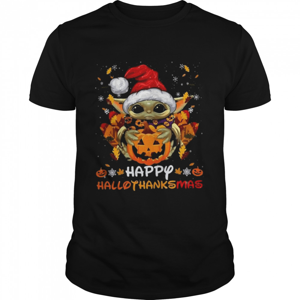 Santa Baby Yoda hug pumpkin happy Hallothanksmas Christmas shirt