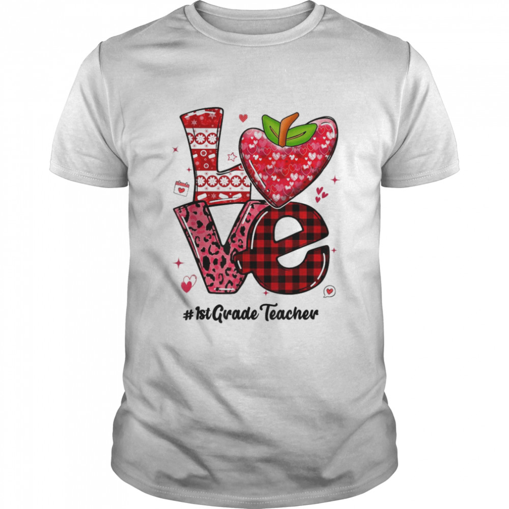 Love 1st Grade Teacher Leopard Heart Funny Valentines Day T-Shirt
