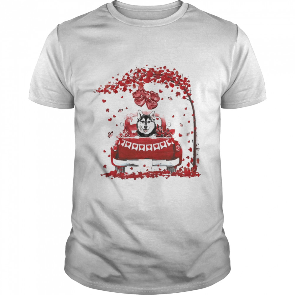 Valentine Red Car Husky Dog Shirt
