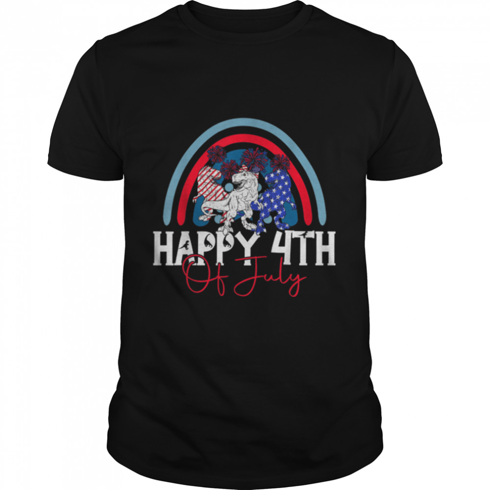 Happy 4th Of July Dinosaur T Rex Lover Rainbow American Flag T-Shirt B0B1P478QD