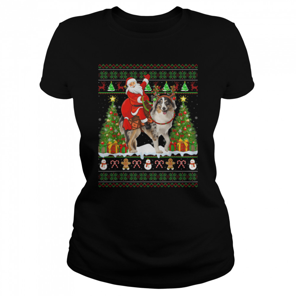 Xmas Ugly Santa Riding Australian Shepherd Dog Christmas T- B0BN8ZMG63 Classic Women's T-shirt