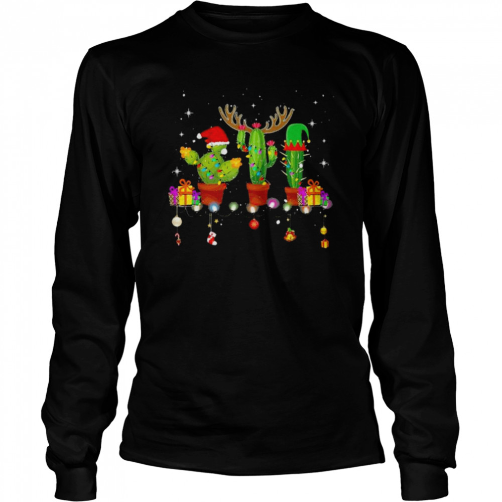 Christmas lights cactus lover xmas pajama holiday shirt Long Sleeved T-shirt
