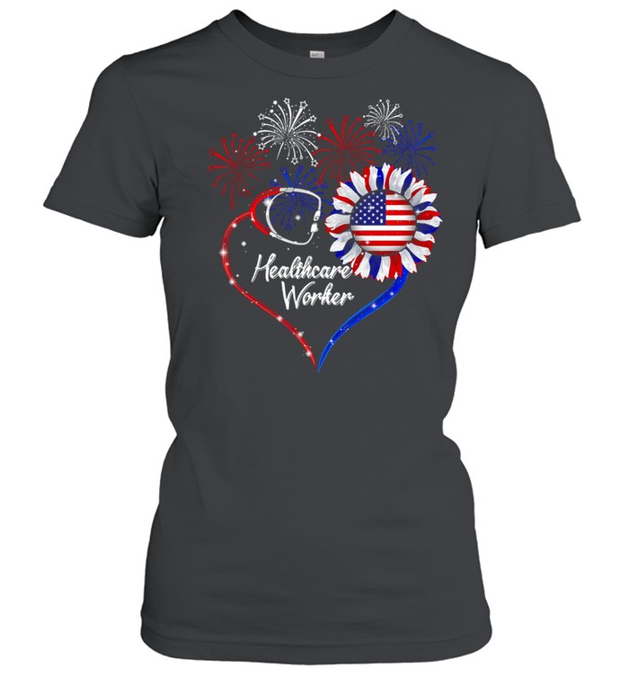 Women's American Flag Heart T-shirt Patriotic 4th July 