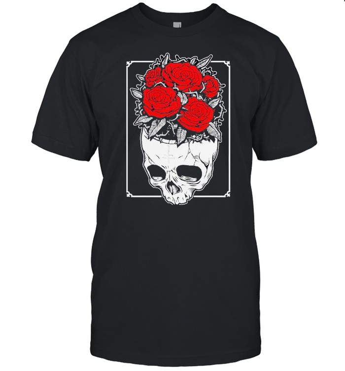 Wearing to a human being a beautiful black and white a skull roses shirt
