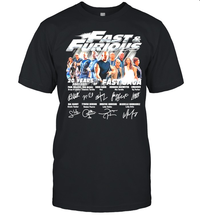 Fast and Furious 20 years 2001 2021 of the Fast Saga signatures thank you shirt