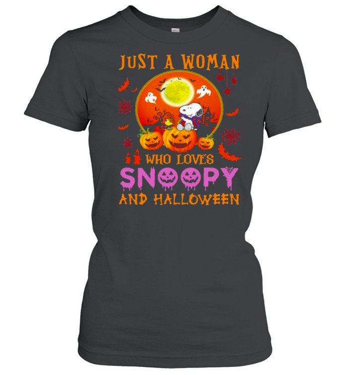 Just a woman who loves snoopy and halloween pumpkin moon shirt Classic Women's T-shirt