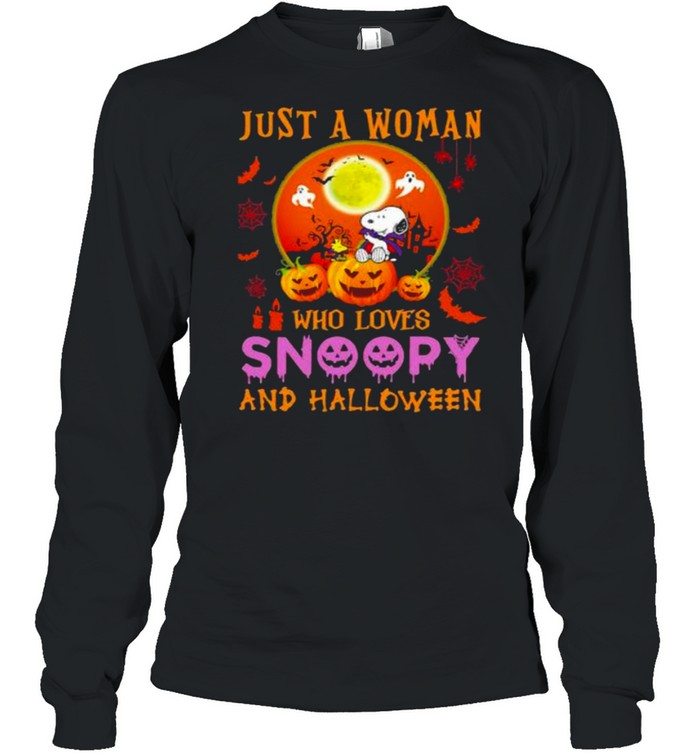 Just a woman who loves snoopy and halloween pumpkin moon shirt Long Sleeved T-shirt