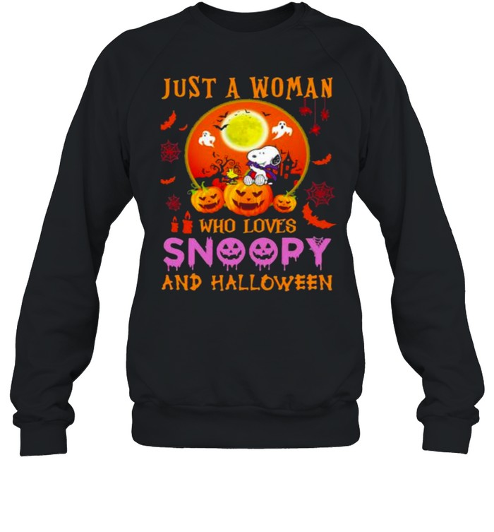 Just a woman who loves snoopy and halloween pumpkin moon shirt Unisex Sweatshirt