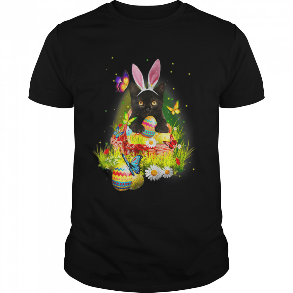 Cute Black Cat Easter Day Bunny Eggs T-Shirt B09VNTV9LC