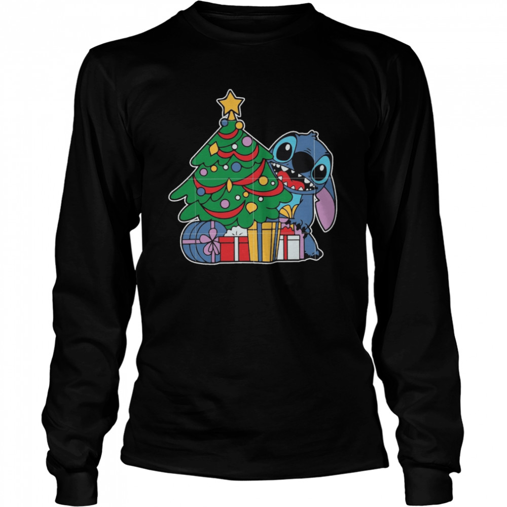 Tree Tree Santa Hat Present Holiday Stitch Christmas shirt Long Sleeved T-shirt